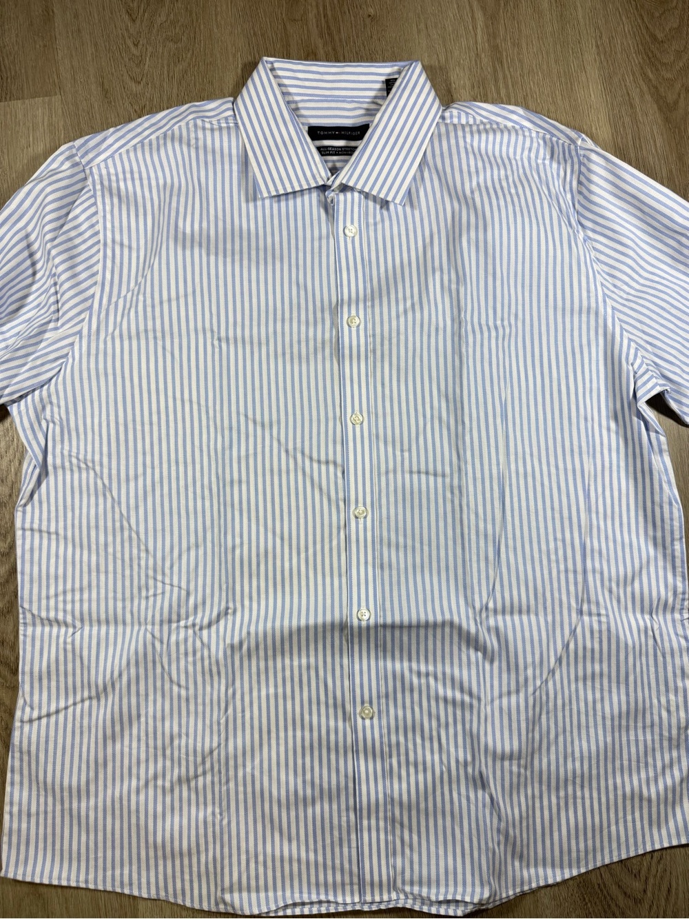 Tommy Hilfiger Men's Blue and White Striped Dress Shirt